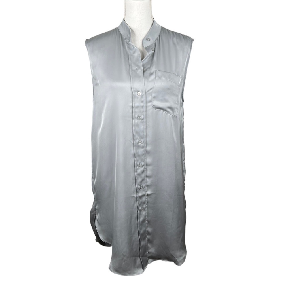 H&M Silver Silky Button Down Short Sleeve‎ Midi Dress Size Small
